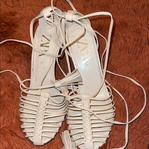 Zara Cream Braided Lace-Up Heeled Sandals